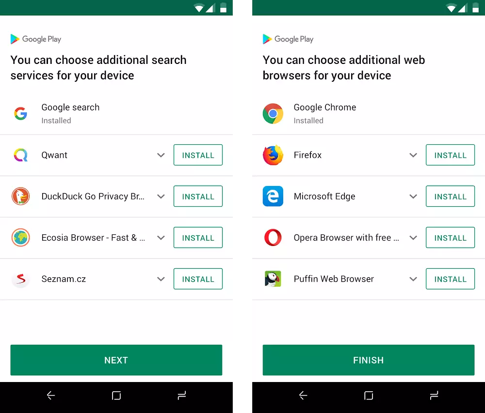 Экран выбора поисковой системы и браузеров по умолчанию для Android