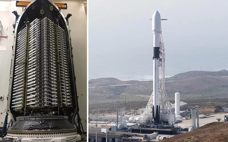 Слева – 60 спутников в обтекателе ракеты Falcon 9. Сама ракета – справа.
