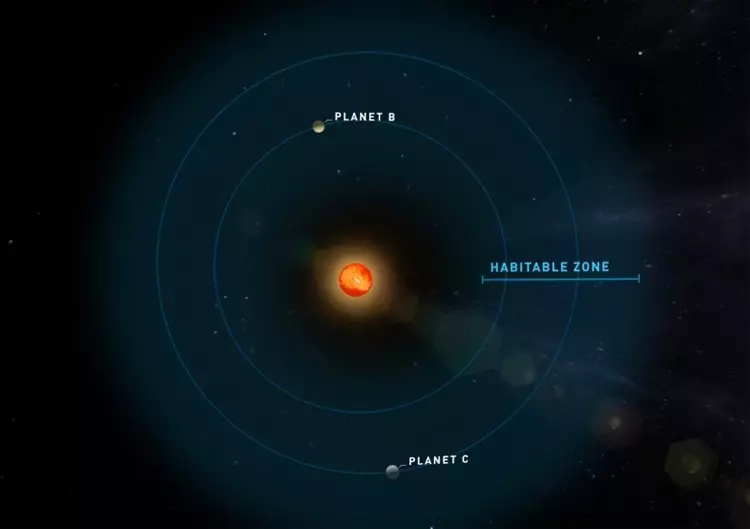 Орбіти екзопланет – синім кольором виділена "зона, що придатна для життя"