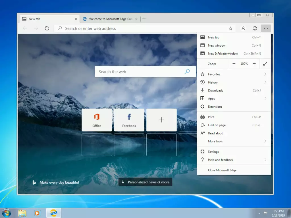 Браузер Edge на платформе Chromium под Windows 7