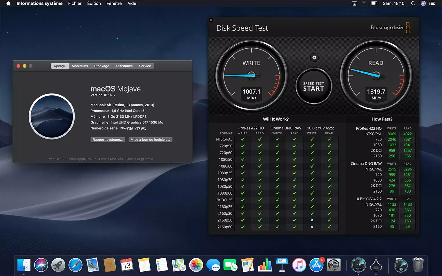 Результат скорости работы SSD накопителя MacBook Air 2019