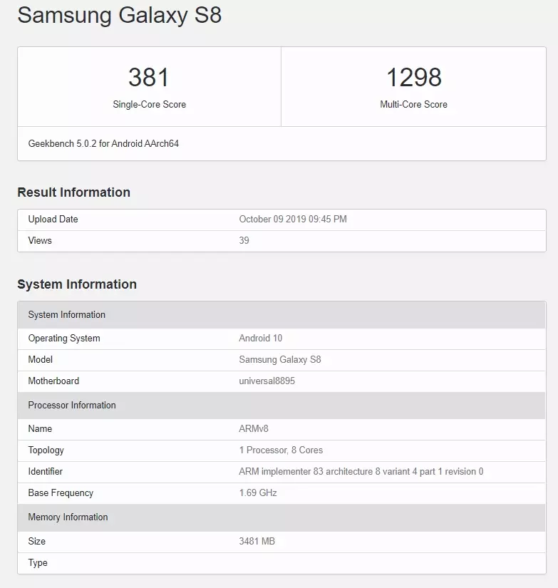Samsung Galaxy S8 с Android 10 в рейтинге Geekbench