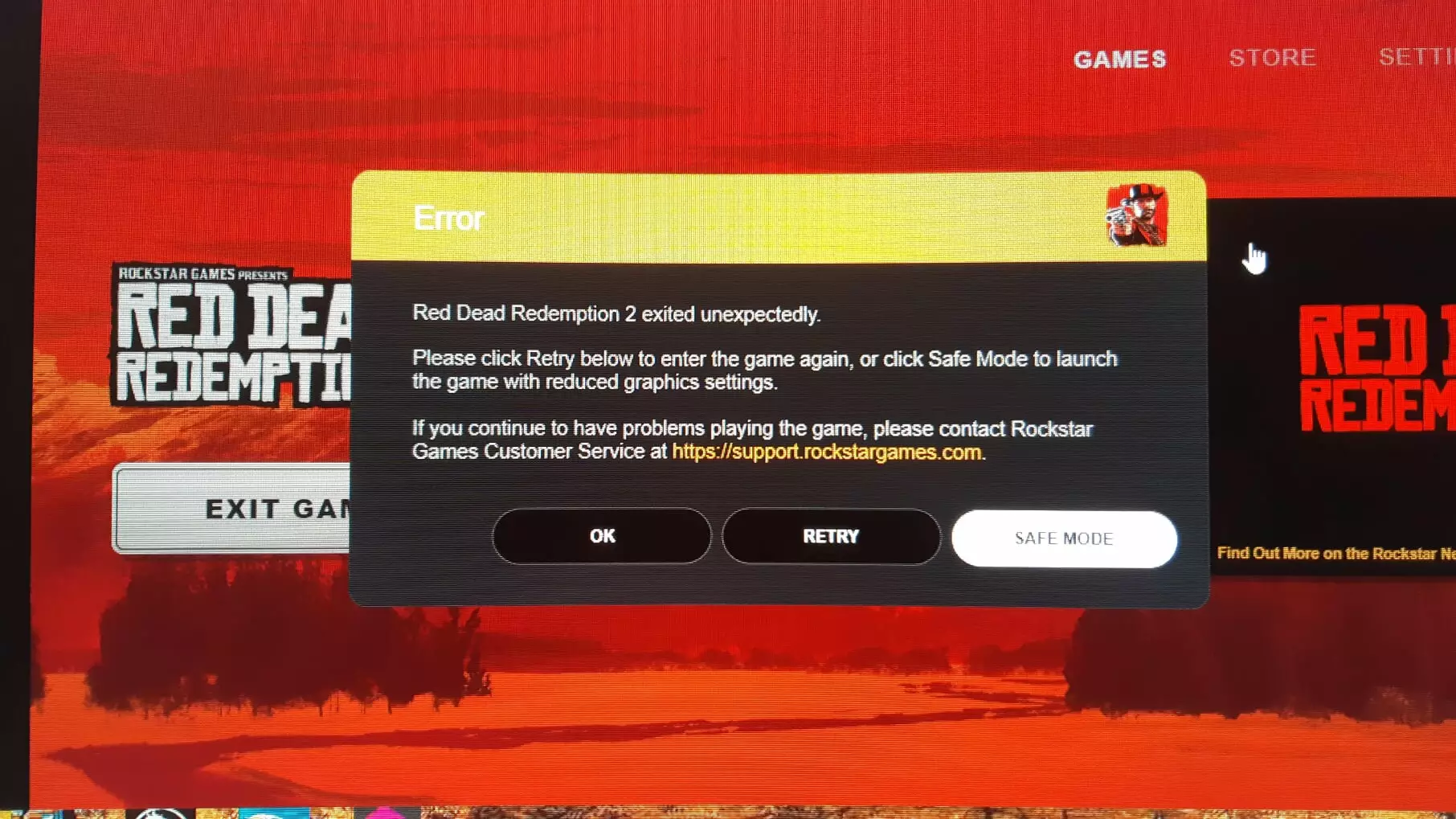 Пример ошибки Red Dead Redemption 2 при запуске