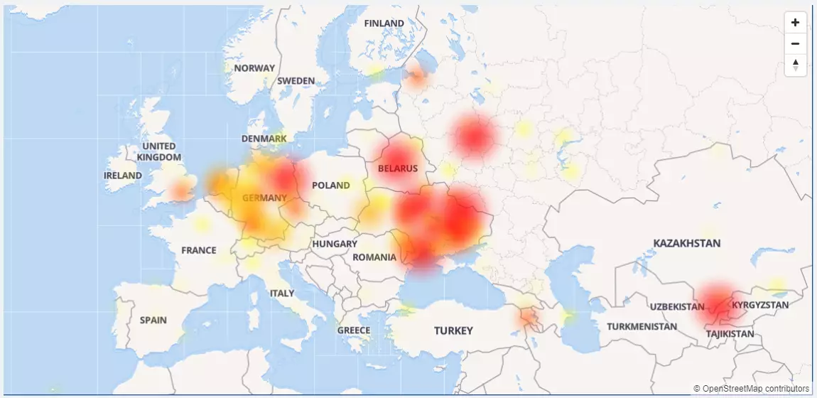 На карте видно, что сбои с Telegram наблюдаются в половине Европы и по всей территории Украины