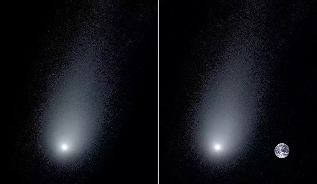 Межзвездная комета 2l/Borisov на снимке из обсерватории Кека. Версия справа показывает Землю, как способ оценить масштаб длинного хвоста кометы.