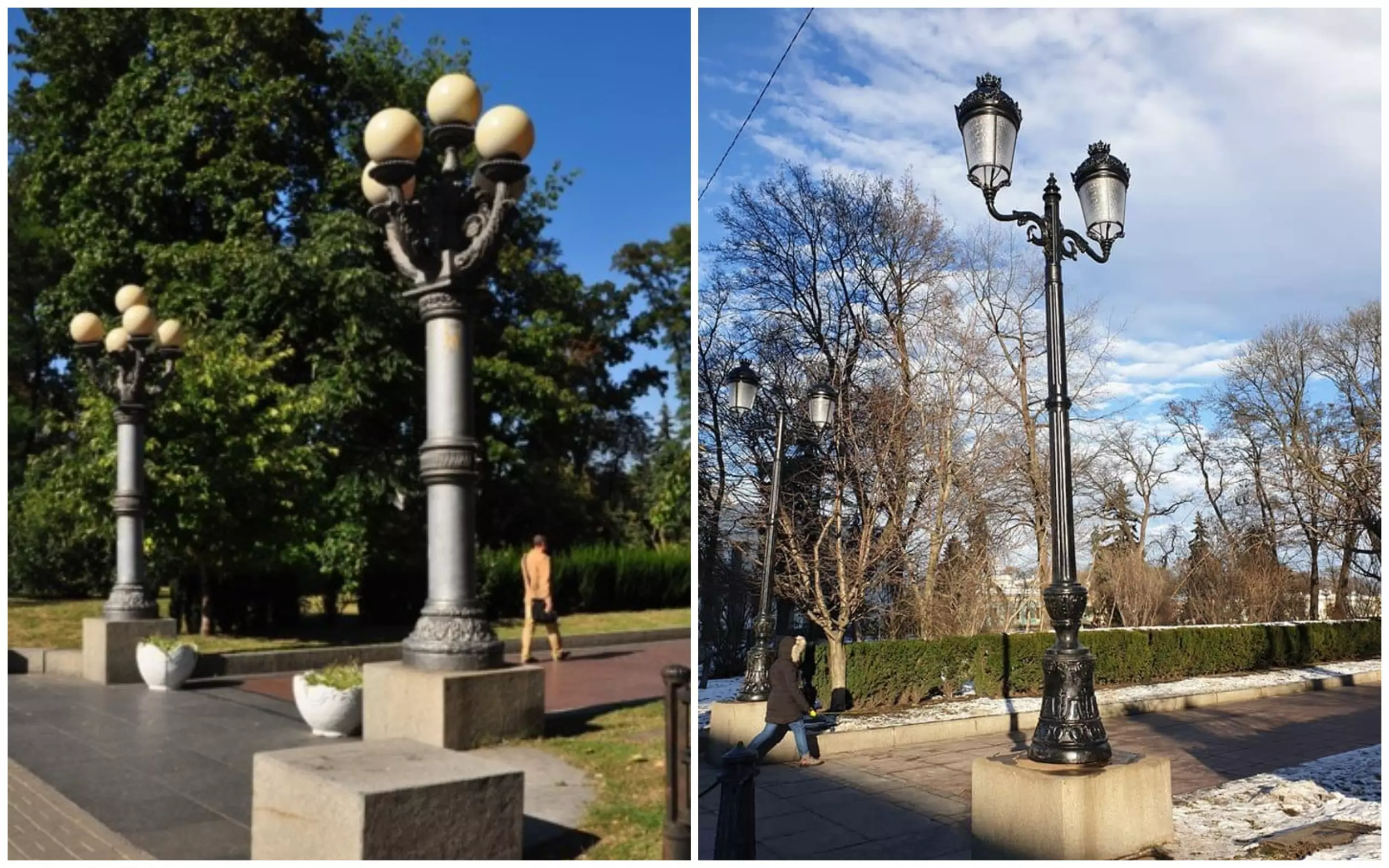 Слева – фонари, которые убрали из Мариинского парка. Справа – фонари из Испании, которые установили в парке за 18 миллионов гривен