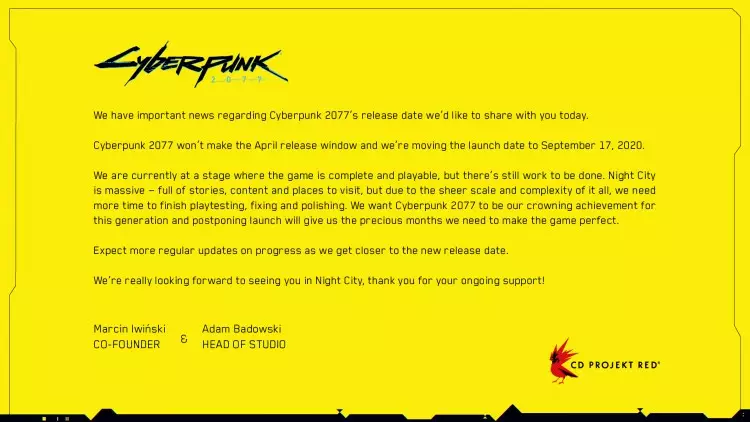 Пояснення перенесення Cyberpunk 2077 від CD Projekt RED