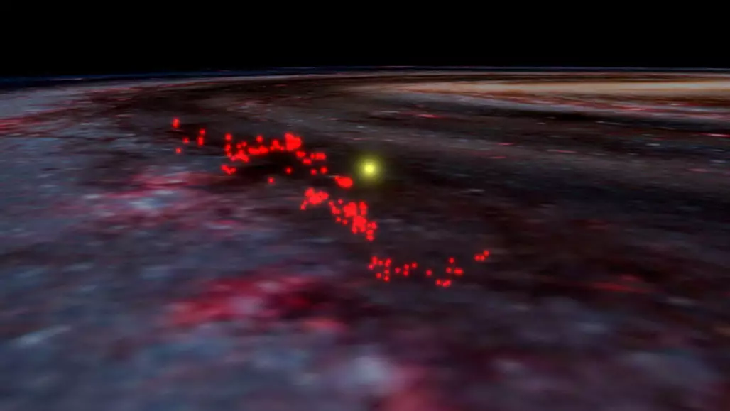 Многие из наиболее известных звездообразующих облаков (красные точки) возле нашего Солнца (желтый шарик), которые лежат вдоль волны "Волны Рэдклиффа"
