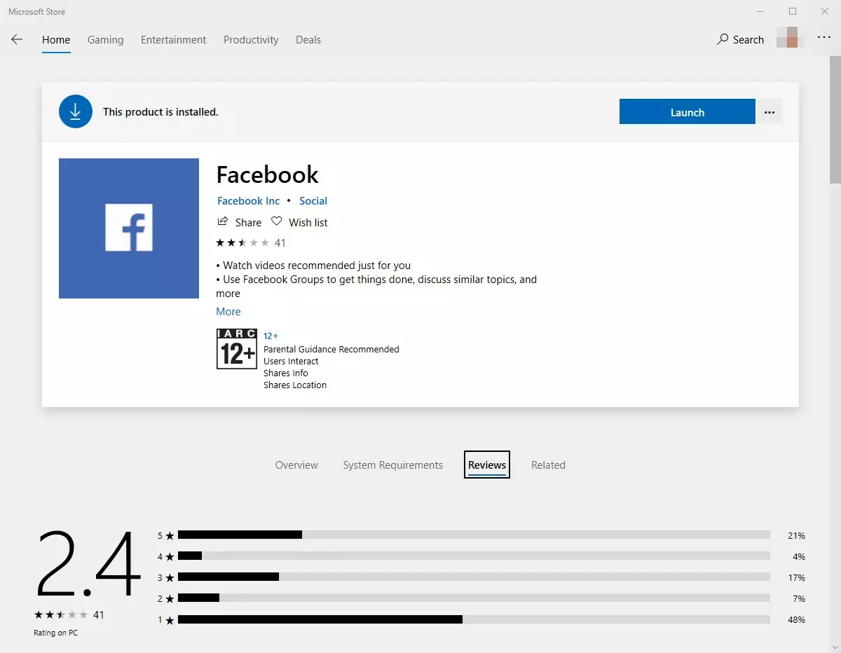 Facebook для Windows 10 крайне непопулярен