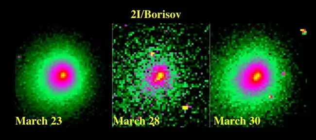 Снимки межзвездной кометы 2I/Borisov, полученные космическим телескопом Hubble, показывают, что от нее откололись два крупных куска в период с 23 по 28 марта 2020 года