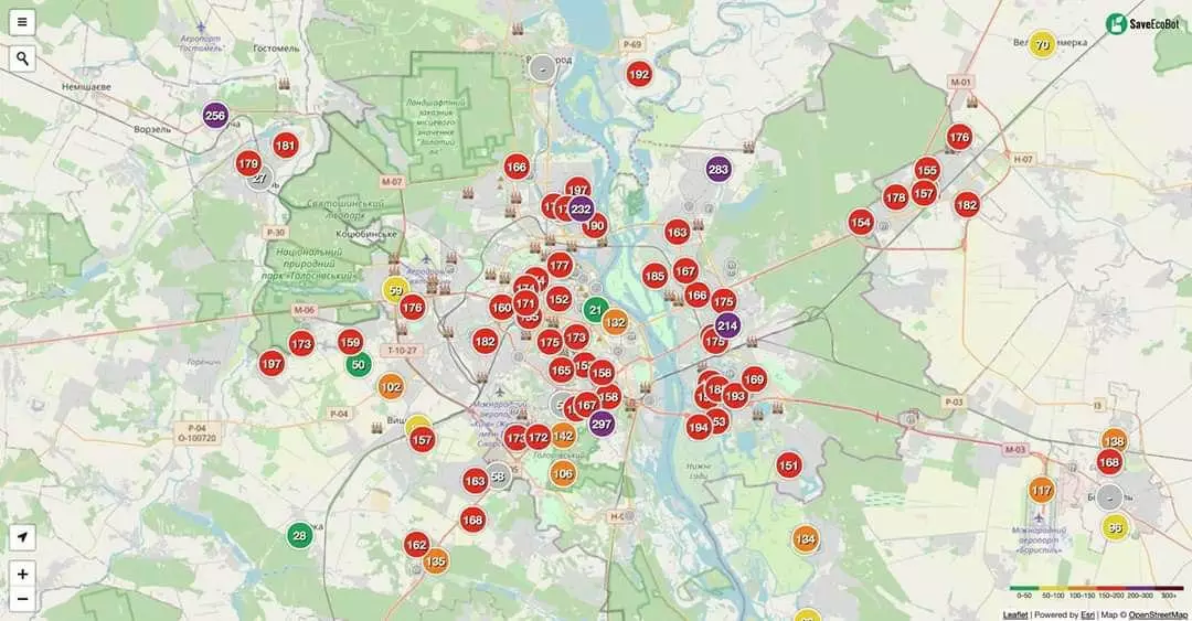 Карта загрязнения воздуха в Киеве и области на утро 17 апреля