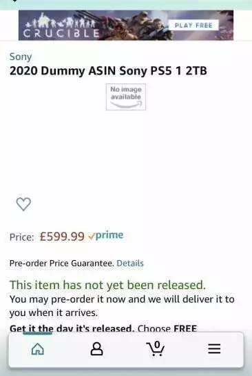 Скриншот с ценой PlayStation 5 на Amazon UK