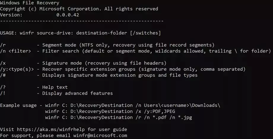 Интерфейс Windows File Recovery