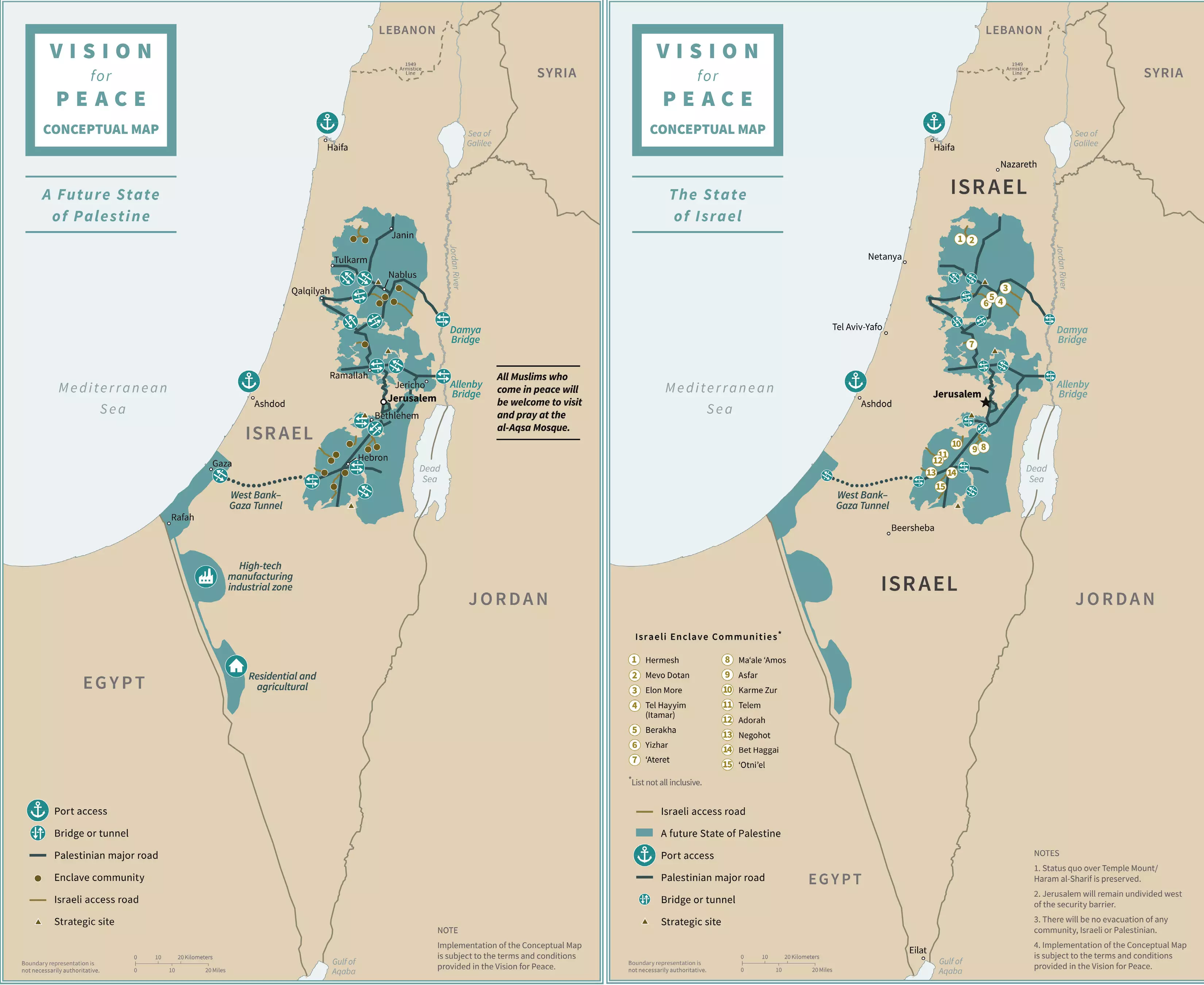 "Угода століття". Так після її реалізації повинна, за задумом авторів, виглядати територія Палестини (на карті відзначена зеленим кольором). На території Західного берега "легалізуються" ізраїльські поселення. Столиця Ізраїлю – Єрусалим