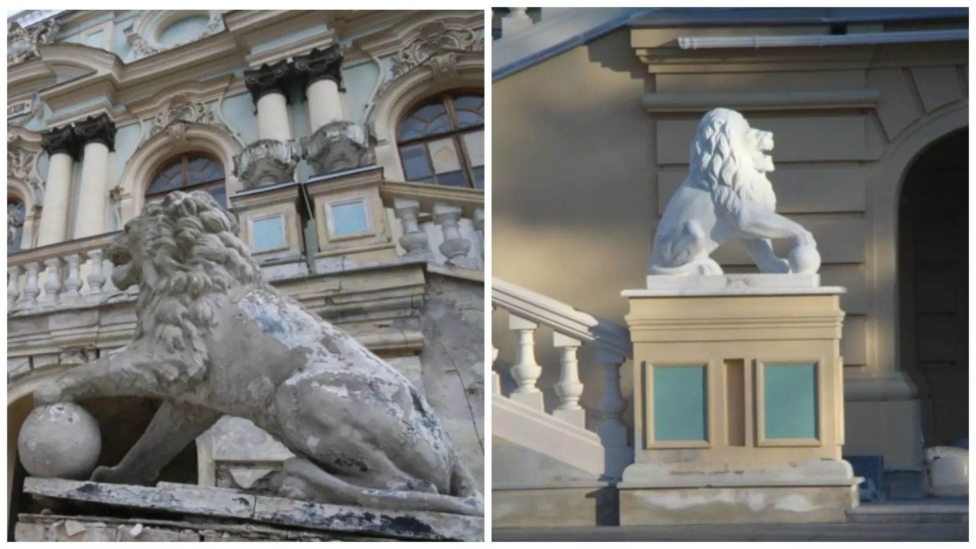 Слева – львы до реставрации, справа – после