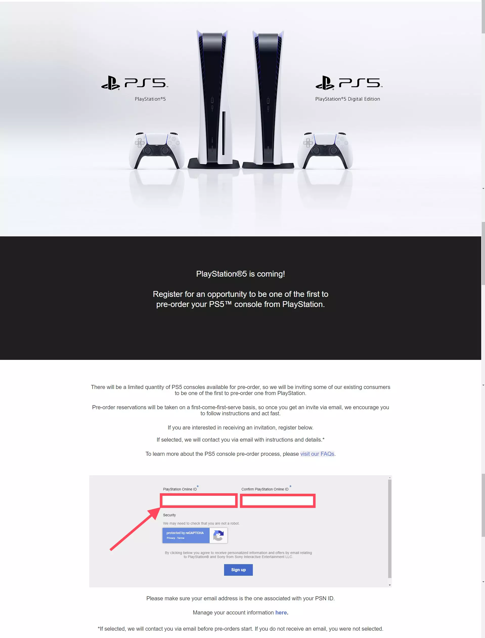 Страница регистрации в цифровую очередь на предзаказ PlayStation 5