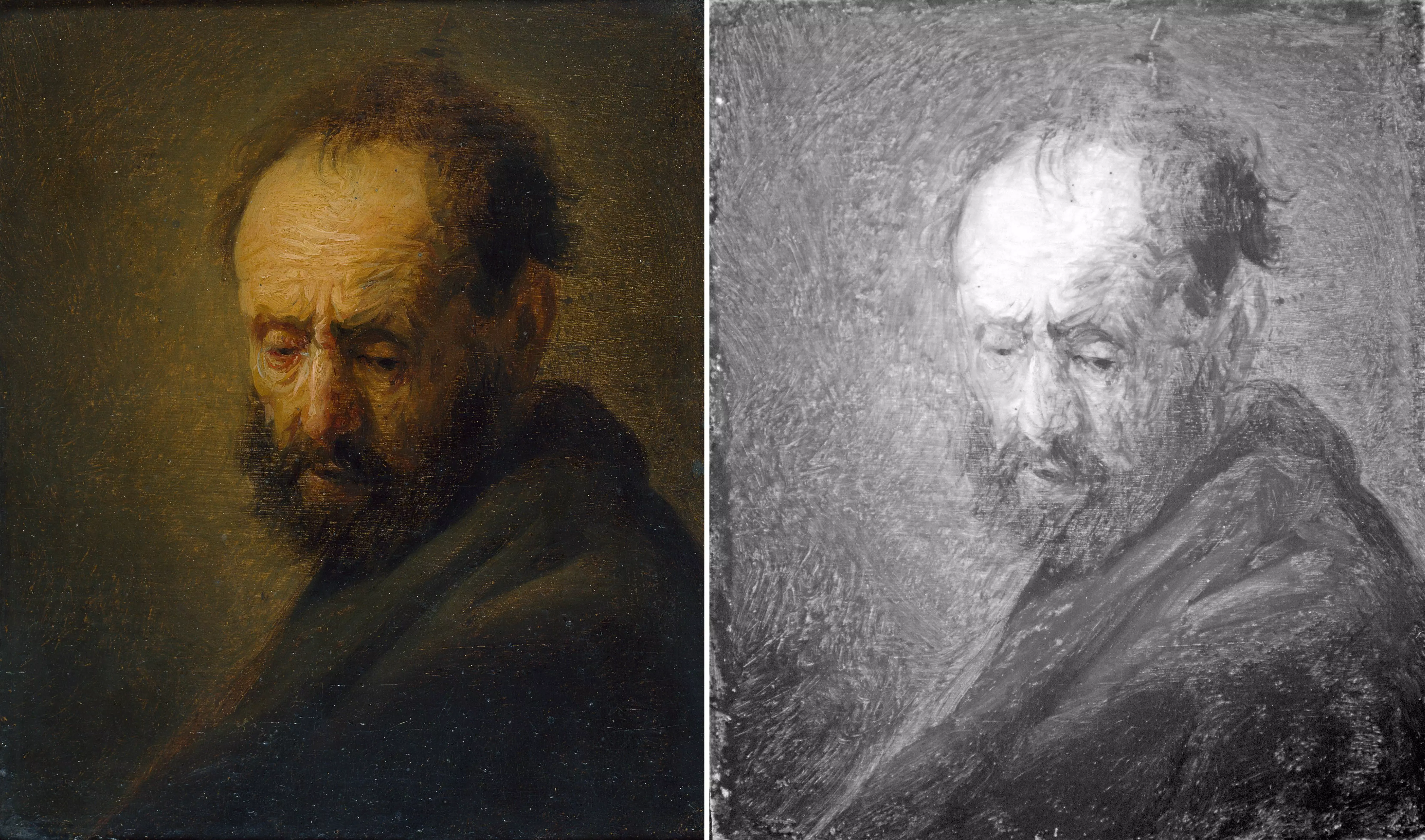 Картина "Голова бородатого мужчины" и ее инфракрасная версия справа