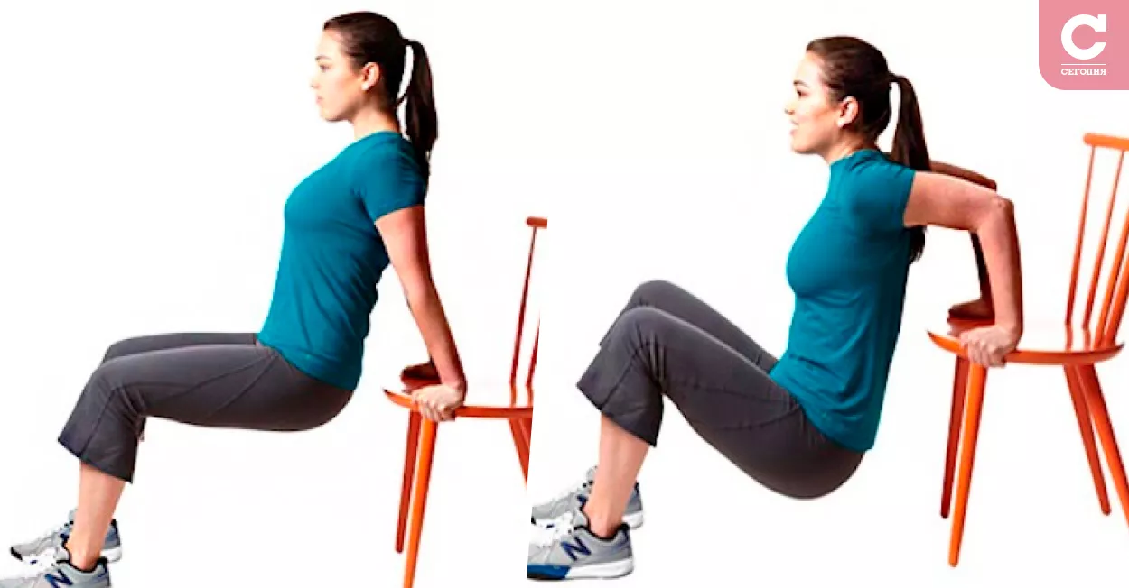 Зворотні віджимання від стільця корисні для м'язів живота і тазостегнових суглобів