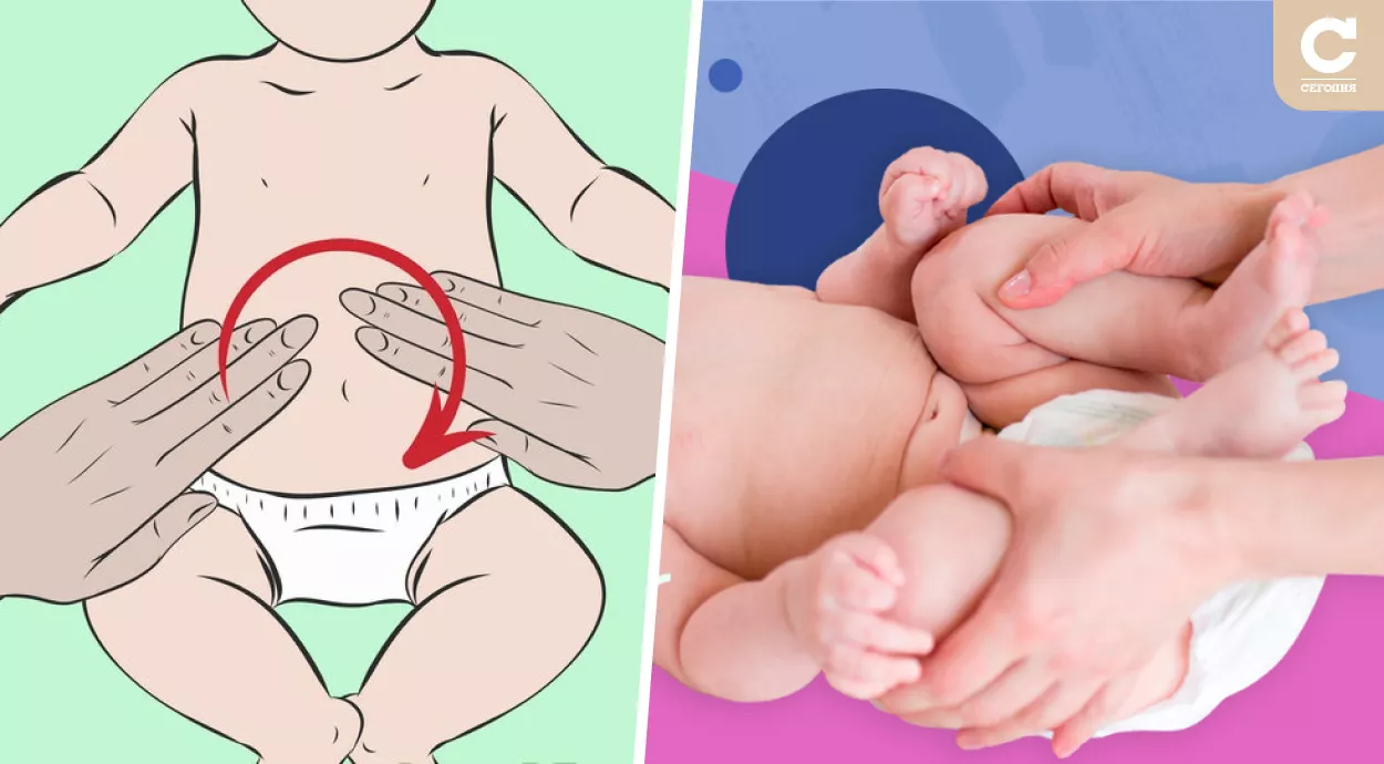 При коликах помогает круговой массаж, а после – поднятие ножек младенца к животу