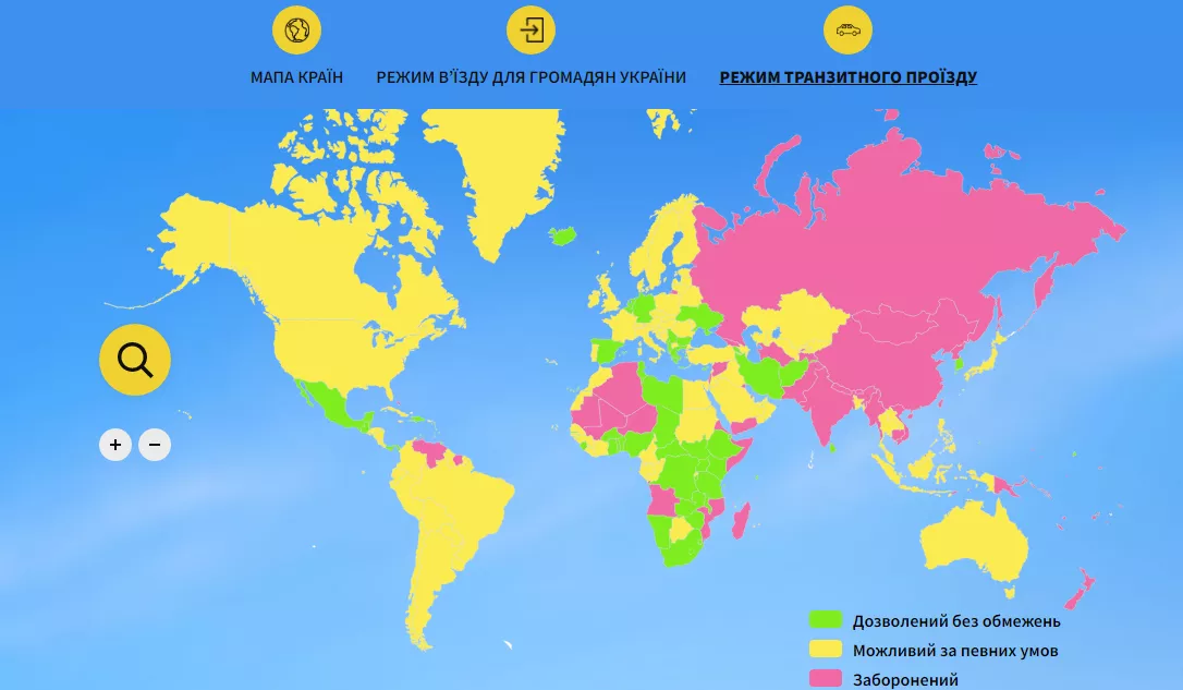 Интерактивная карта мира с транзитным проездом для украинцев