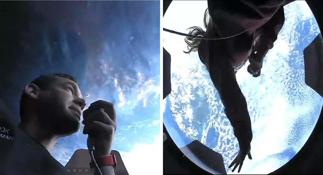 Астронавты-любители висят в невесомости внутри космической капсулы и разглядывают планету в иллюминатор