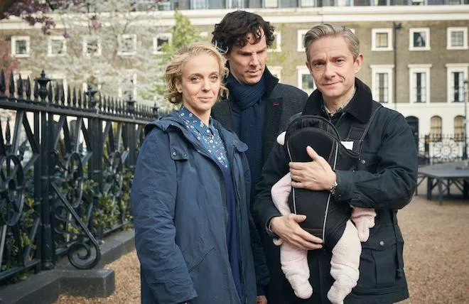 Шерлок Голмс і доктор Ватсон з дружиною та дитиною.