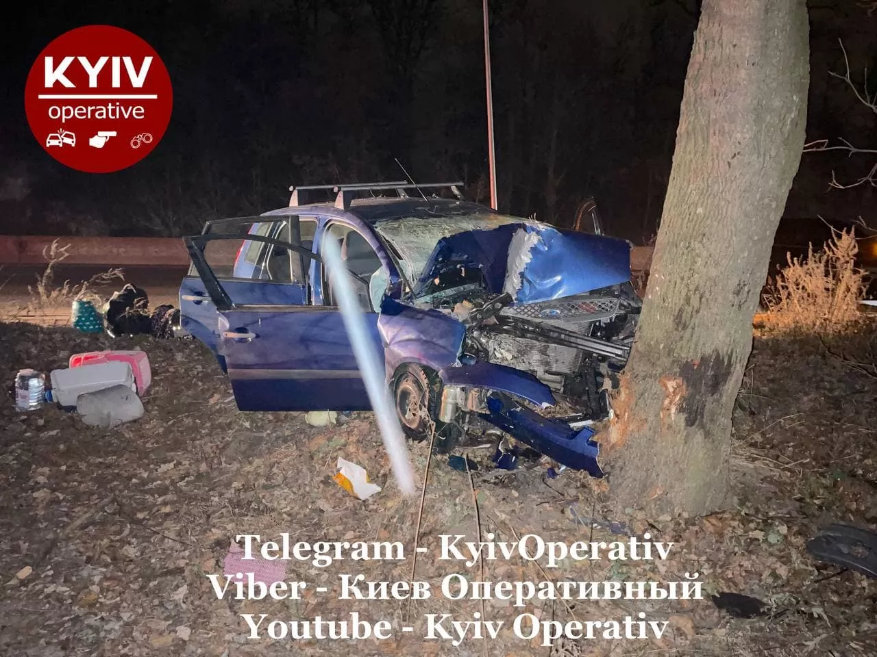 Автомобиль слетел с дороги и врезался в дерево/Фото: Telegram-канал Киев оперативный