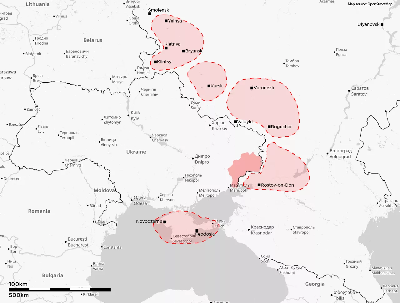 Карта скупчення російських військ на кордоні з Україною. Джерело Medium