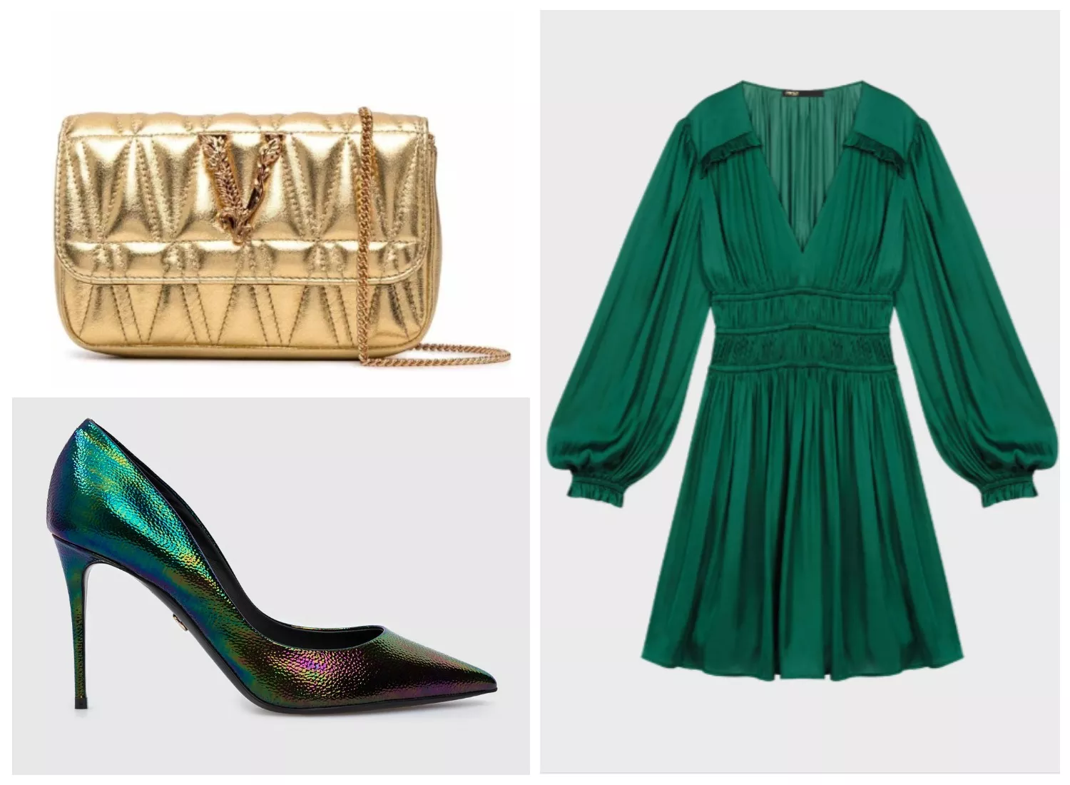 Новогодний образ для Весов: зеленое платье MAJE 7 500 грн, стеганый клатч Versace 22 951 грн, кожанные лодочки DOLCE&GABBANA 19 158 грн