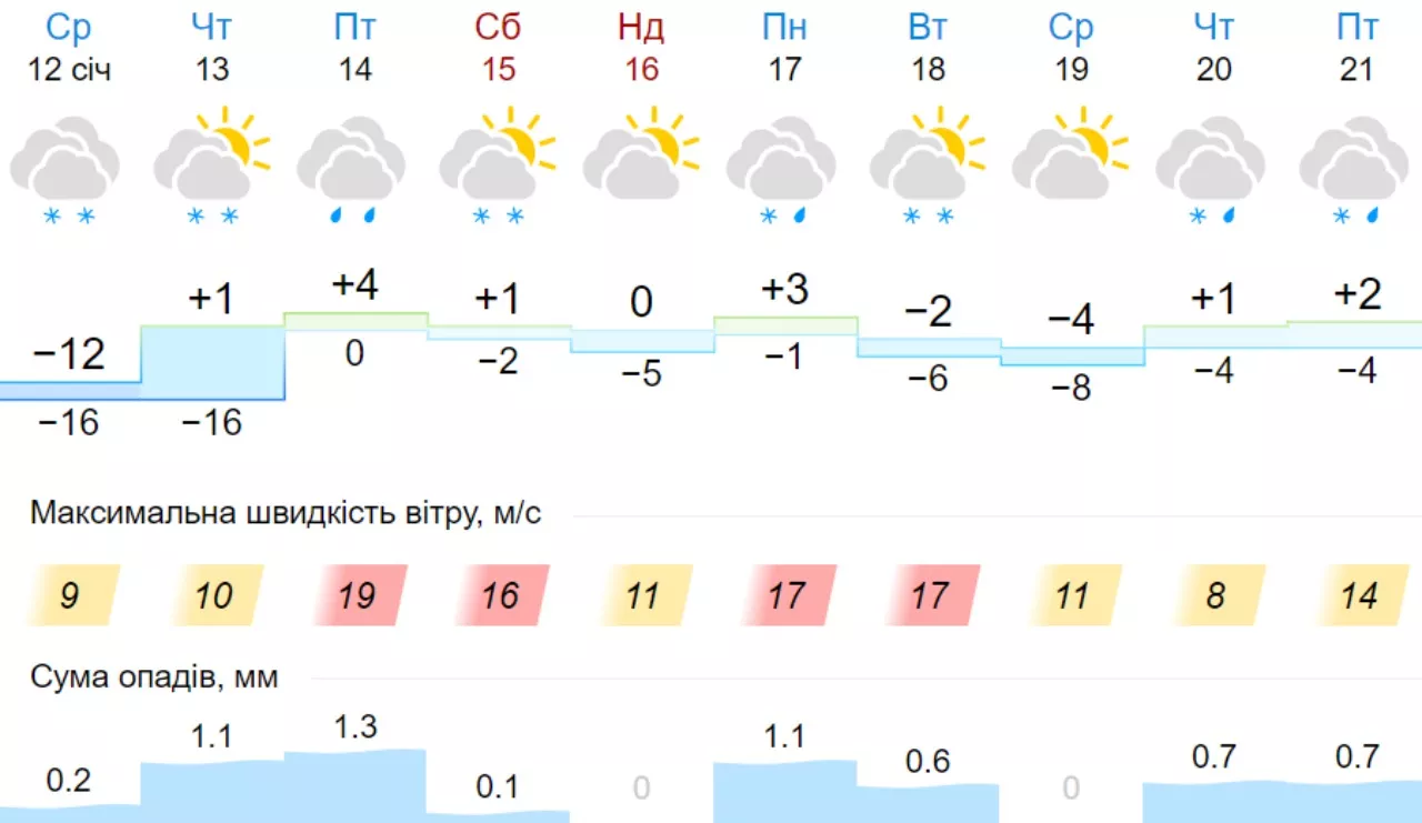 Погода в Киеве на 19 января. Скрин: Gismeteo