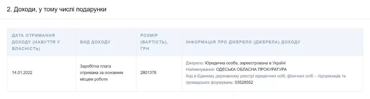 Зарплата заместителя прокурора Одесской области. Скрин: единственный государственный реестр деклараций