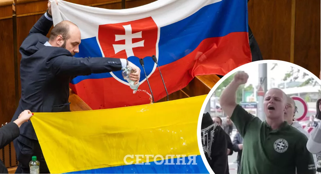 Депутат Медвецки взял бутылку воды и начал обливать флаг Украины/Фото: коллаж: "Сегодня" 