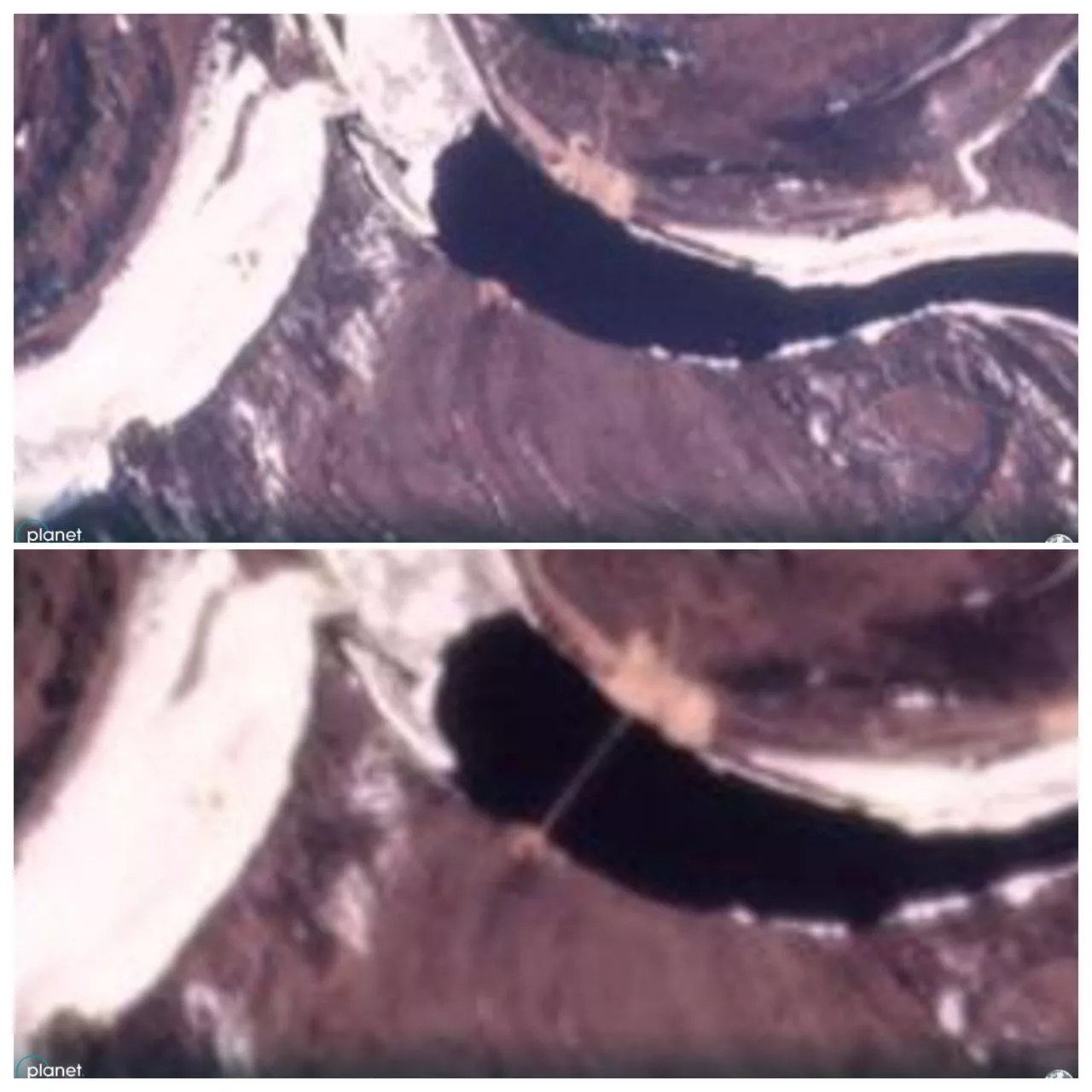 Спутниковый снимок понтонного моста на р. Припять, которого раньше не было
