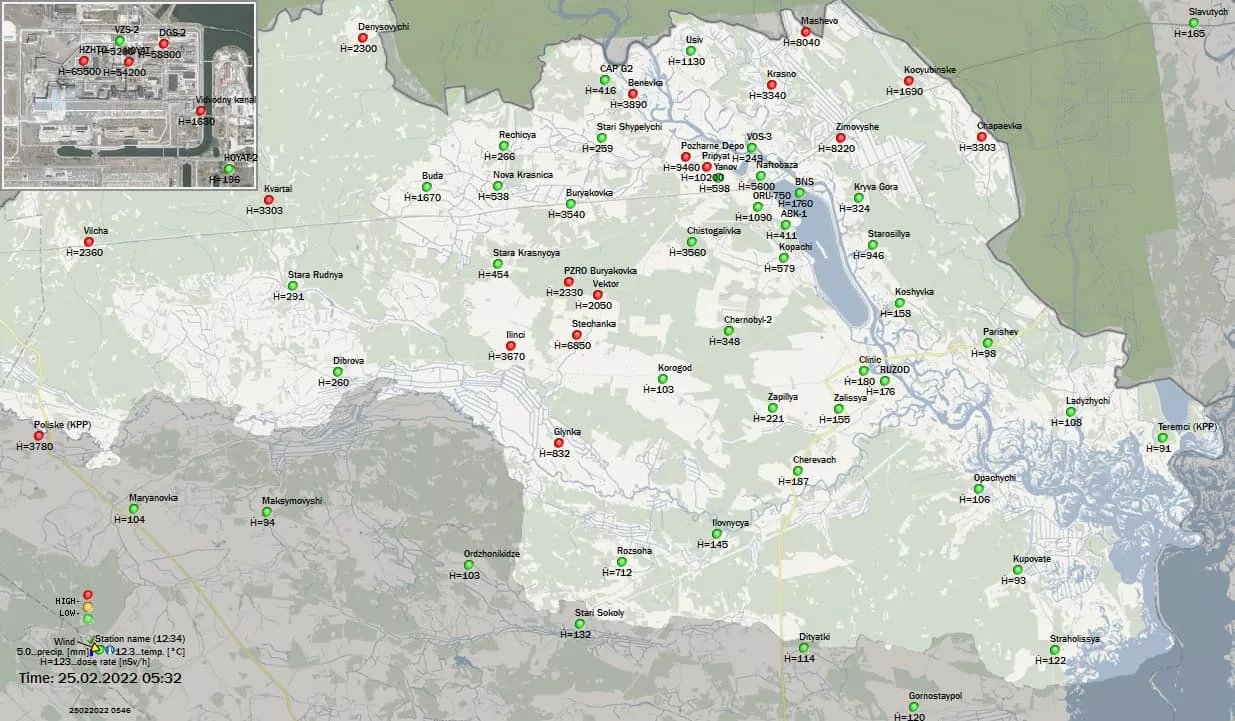 Карта радіації Чорнобильської зони. Фото: Державна інспекція ядерного регулювання України