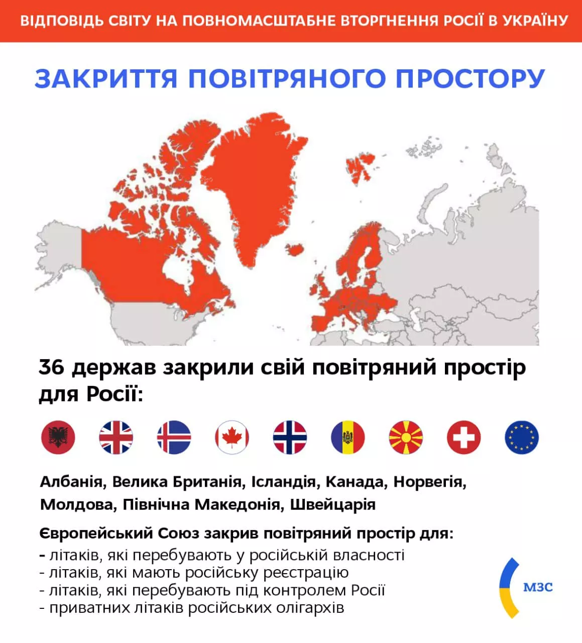 Карта стран, закрывших небо России