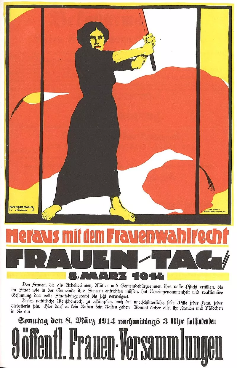 Немецкий плакат "Женский день", посвященный 8 марта (1914)? перевод: "Дайте нам, женщинам, избирательное право. Женский день, 8 марта 1914 г. "