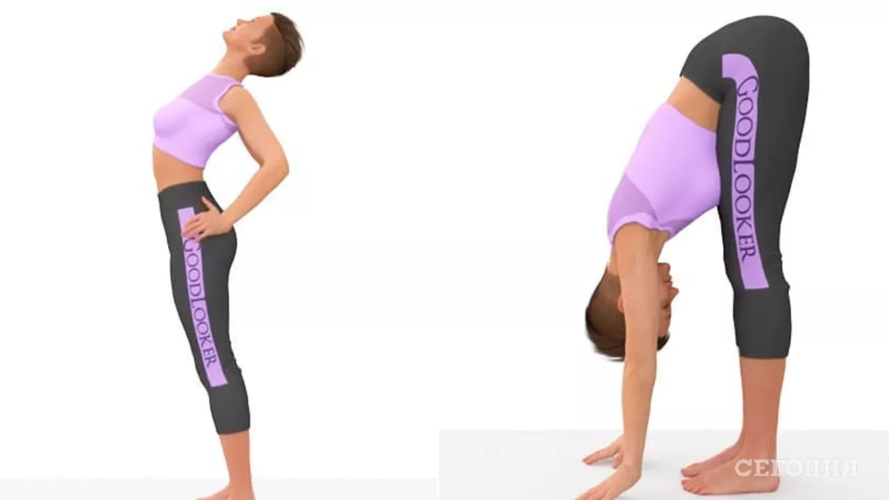 Упражнения 1-2: выполняем наклоны туловища и головы назад, затем – наклоны вниз, стараясь достать руками до пола