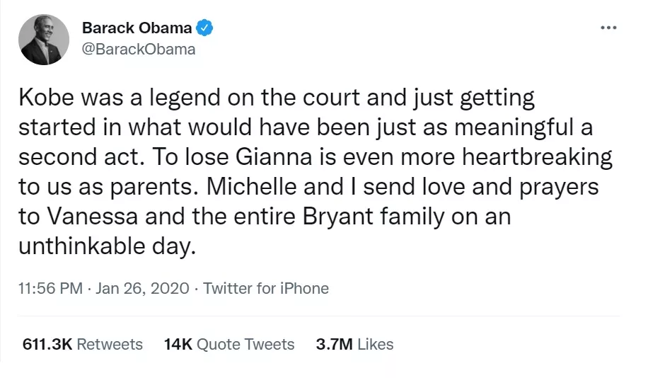 Твит Барака Обамы о смерти баскетболиста Коби Брайанта