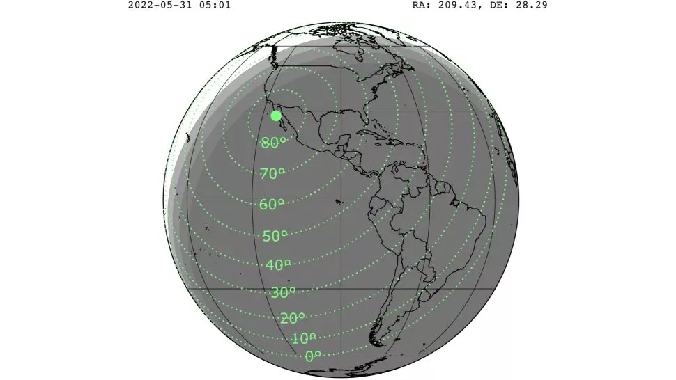 Карта показує видимість метеоритного дощу, пік активності якого очікують близько 5 годин UT 31 травня