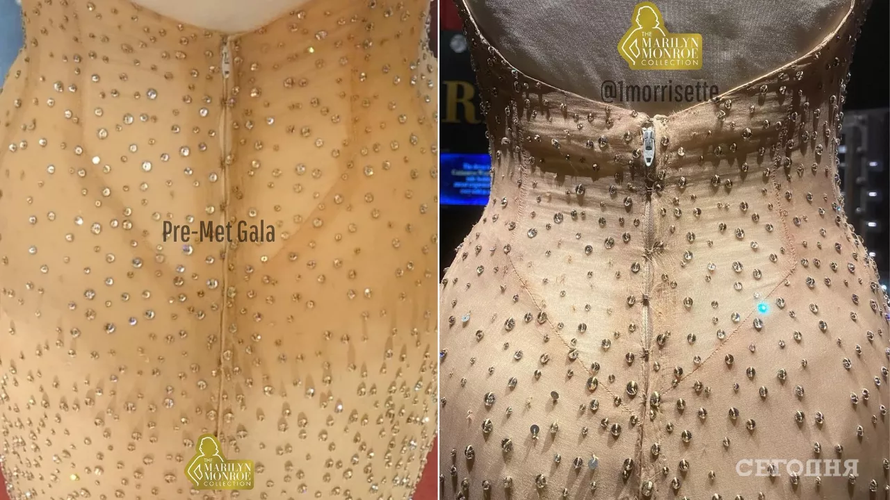 Ліворуч – фото сукні Монро до Met Gala 2022.
Справа – знімок сукні після того, як його одягла Кім Кардашьян