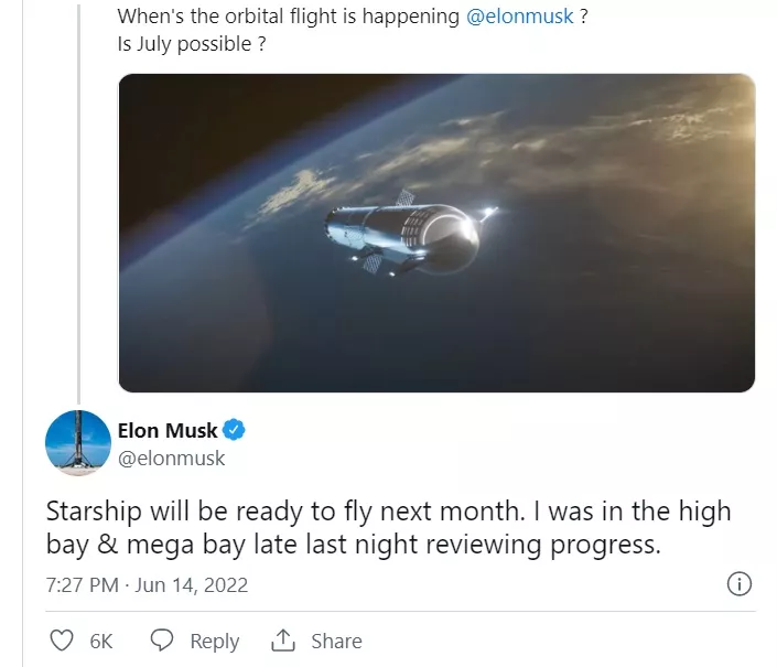 Илон Маск написал твит о том, что Starship готов к полету в следующем месяце