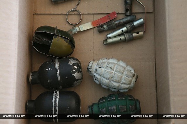 В процессе обысков изъяты автомат Калашникова, три карабина, два пистолета, патроны, гранаты, дубинки, метательные ножи и топоры. Фото: belta.by