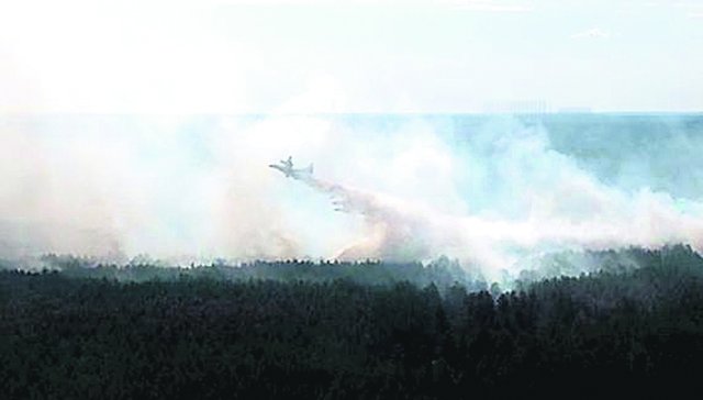 З авіацією. Вогонь гасили за допомогою вертольота і двох літаків, на землі працювали 125 осібк. Фото: ДСНС
