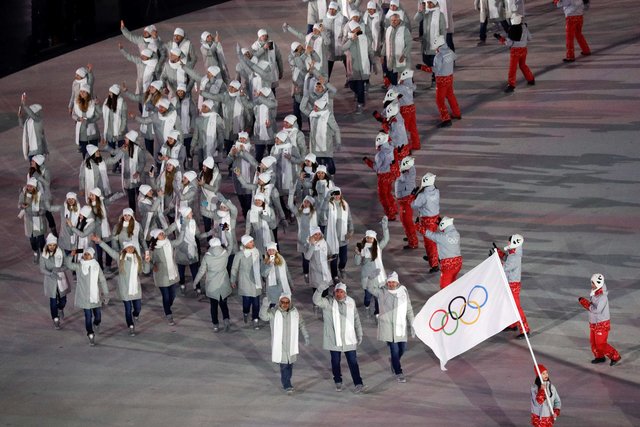 Олимпийские атлеты из России на церемонии открытия Олимпиады-2018. Фото AFP