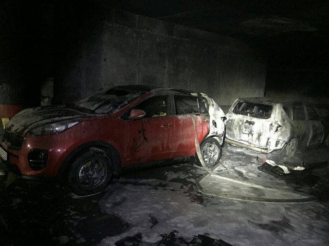 Огонь уничтожил два автомобиля, еще два серьезно повреждены. Фото: facebook.com/DSNSKyiv
