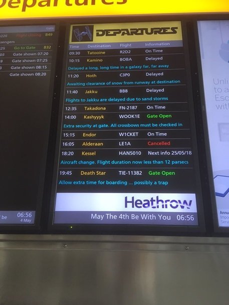 В аэропорту Лондона появились рейсы на планеты из Звездных войн. Фото: Тwitter.com