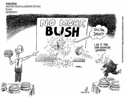 "Извини, Джордж, для общего дела". Карикатуристы подметили, что Буша критикует не только Обама, но и республиканец Маккейн