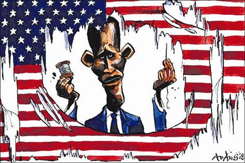 Герой. В карикатурах Обаму пока изображают спасителем. Daily Telegraph, Guardian
