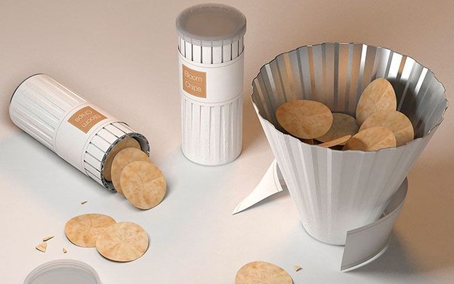 Банка-миска для чипсов <br /><br />
После удаления стягивающего элемента цилиндр, выполненный из сжатой бумаги, модернизируется в фигурную посуду. Дизайнер Dohyuk Kwon.