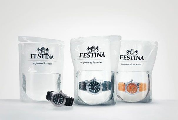 Часы в воде <br /><br />
Водонепроницаемые часы Festina продаются в пакете с водой. Rhtfnbd futyncndf Scholz & Friends. 